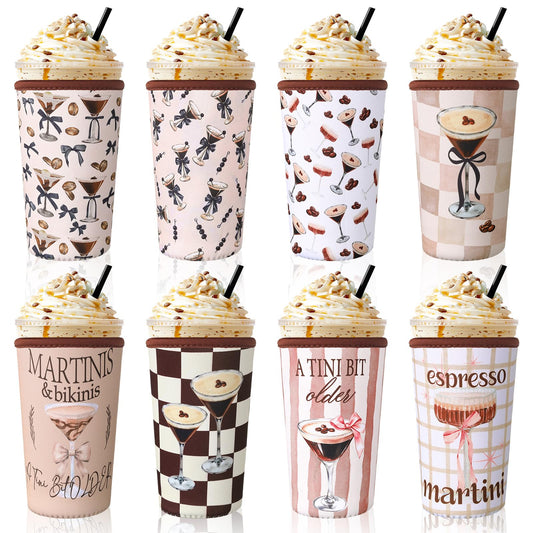 SiliFine 8 Pcs Reusable Sleeves for Iced Coffee Cup Pink Bow Cup Coolie Espresso Martini Reusable Coffee Insulator Sleeves Neoprene Insulated Holder for Iced & Hot Drinks, 22-24 oz