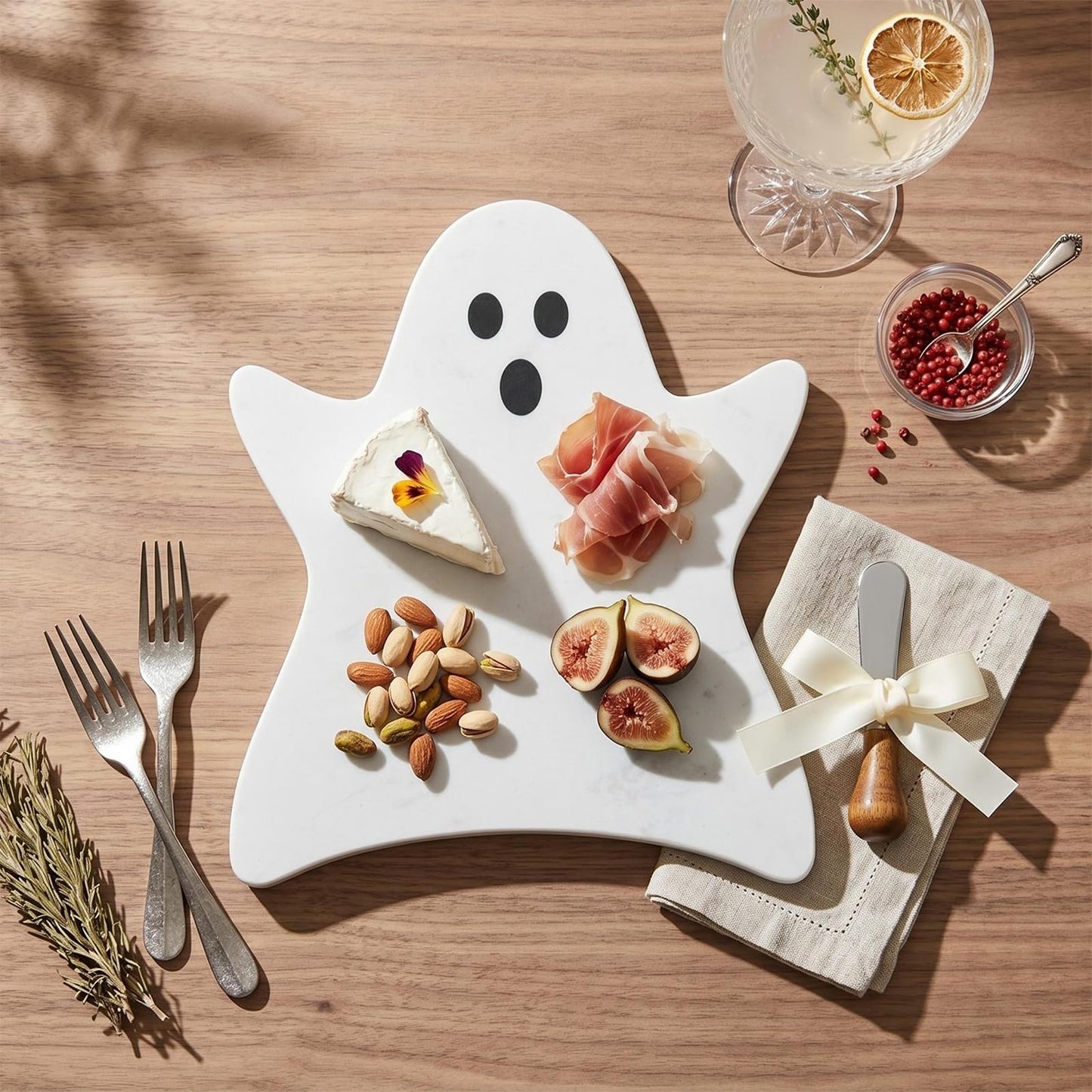 Afarnook Ghost Marble Cheese Board Charcuterie Cutting Tray with Spatula Halloween Ghost Marble Serving Decorative for Decoration Charcuterie Kitchen