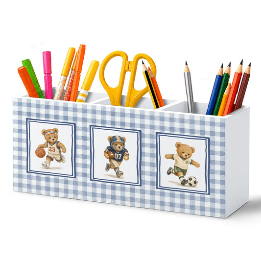 WUHSDIBC Bear Nursery Kids Pen Pencil Holder for Desk, Sports Player Bear Retro Blue Gingham Wooden Pencil Holder Organizer Desk Accessories Decor for Kids Boys Room Bedroom Playroom Desk Tabletop