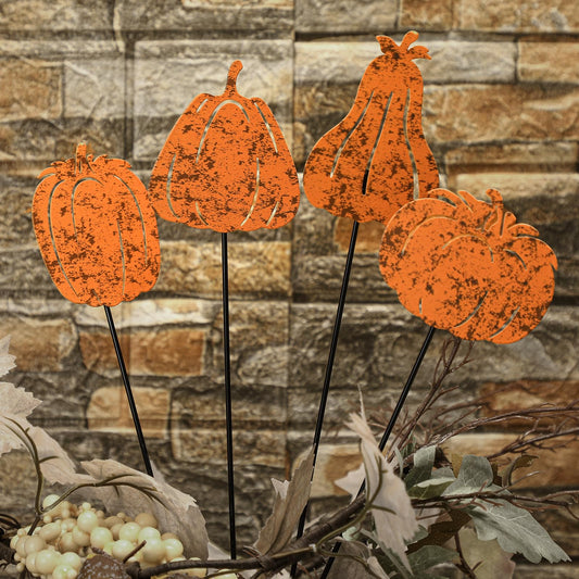 Chunful 4 Pcs Fall Decorative Garden Stakes Vintage Pumpkin Yard Stakes for Flower Planter Pot Fall Outdoor Rustic Metal Yard Sign Thanksgiving Decorations Autumn Harvest Halloween Patio Lawn