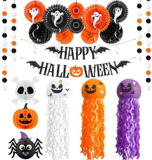 KatchOn, Halloween Banner & Fringe Set-Pack of 23 | Paper Fan Glittery Happy Halloween Garlands, Ghost Hanging Swirls with Paper Lanterns & Honeycomb Set | Perfect for halloween Party.
