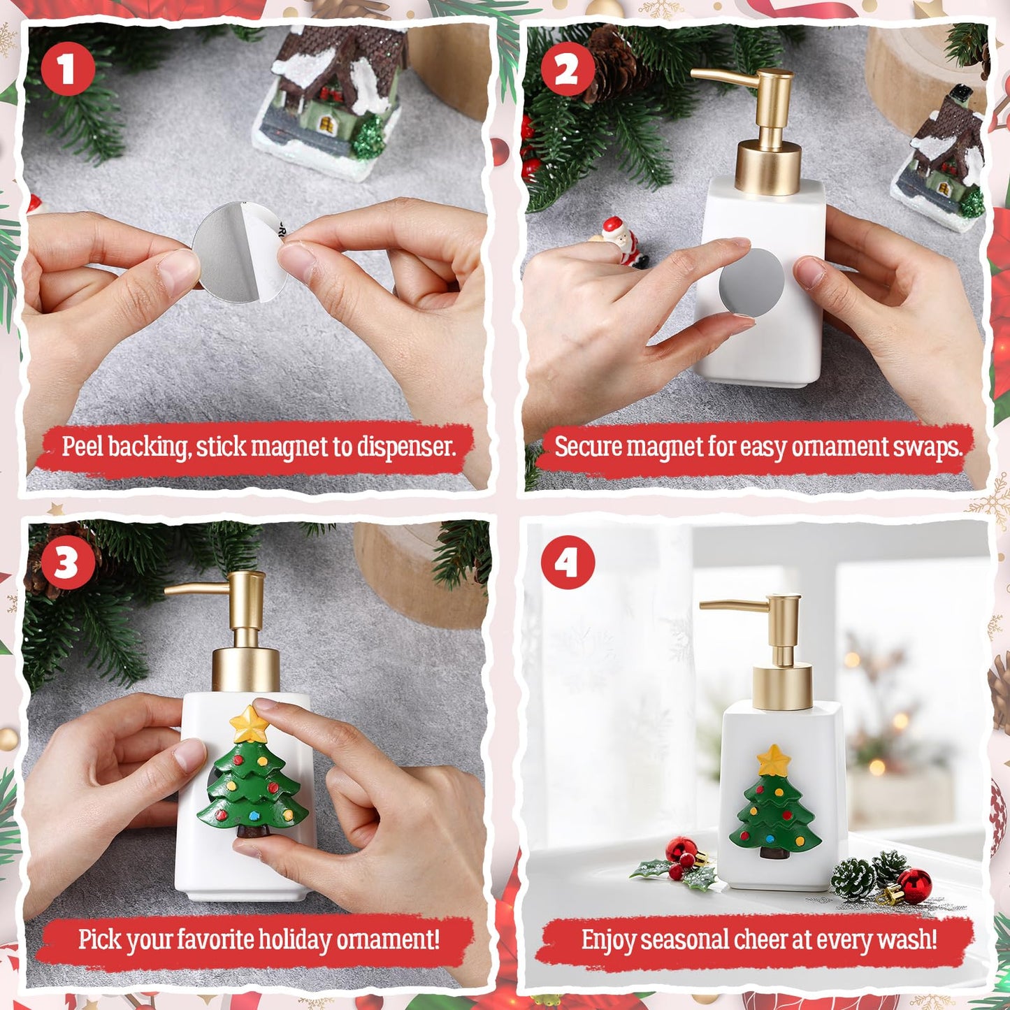 Gejoy Seasonal Soap Dispenser Patriotic 4th of July Magnetic Interchangeable Set - Ceramic Hand Soap Dispenser with 9 Seasonal Resin Ornaments & Magnetic Pads-Festive Bathroom & Kitchen Dec(Gold)