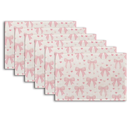 Placemats Set of 6,Cute Pink Bow Heart Heat Resistant Kitchen Table Mats for Indoor and Outdoor,Washable Wipe Clean Dining Placemat 12 x 18 Inches