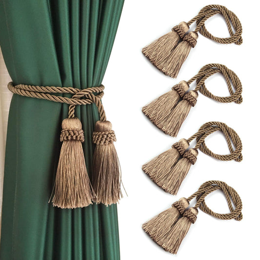 Fenghuangwu Curtain Tiebacks Handmade Decorative Curtain Holdbacks Rope with Tassel (flaxen, 4P)