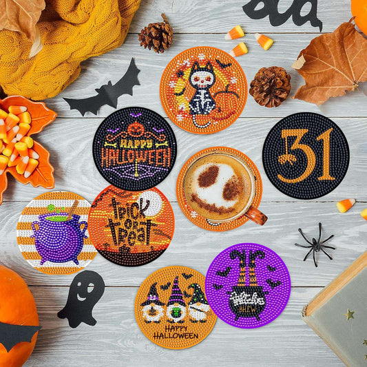8 pcs 5D DIY Halloween Diamond Art Coasters with Holder for Adults Beginners, Home Office Table Decor,Halloween Diamond Coasters Gifts, Halloween Decorations,Skull Diamond Art Kits (QLBD-01)