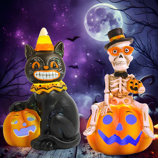 GoGnome Vintage Halloween Decorations Indoor - 2-Pack 4.7'' Resin Skeleton Gentleman & Black Cat Figurine with Flickering Pumpkin Lights - Halloween Table Decor Ornaments Gifts (Jack-O’-Lantern)