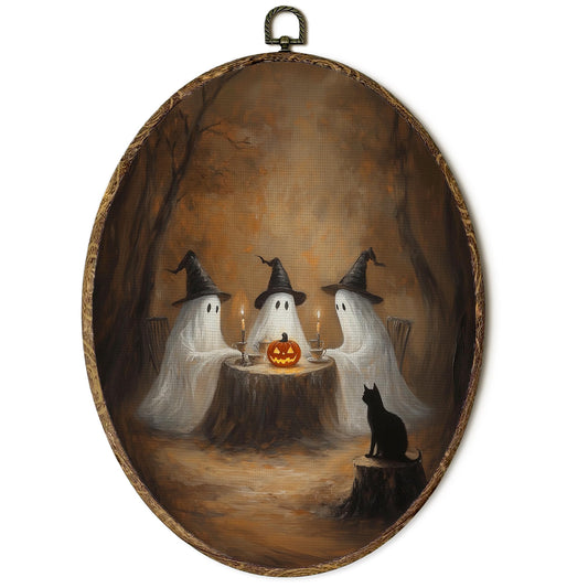OINDADE Fall Halloween Ghost Oval Wall Art Decor, Vintage Fall Spooky Ghost Wall Art Hanging Decor, Halloween Ghosts Tea Party Autumn Fall Season Framed Canvas Artwork for Living Room Home,8.8x11.5in