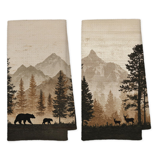 Qskjre Vintage Mountain Forest Bear Deer Kitchen Towels, Bear Gifts, Deer Gifts, Rustic Farmhouse Wild Animals Landscape Decorative Hand Tea Dish Towel for Bathroom Kitchen Decor, 16x24 Inch Set of 2