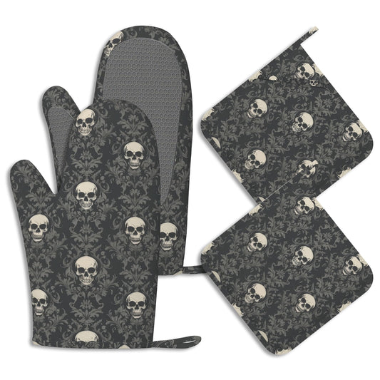 Gothic Black Skull Pot Holders and Oven Mitts Set Silicone Halloween Skulls Kitchen Gloves Potholders Heat Resistant Washable,Chef Cooking Baking Gifts for Women Men Bakers Lover Cooks