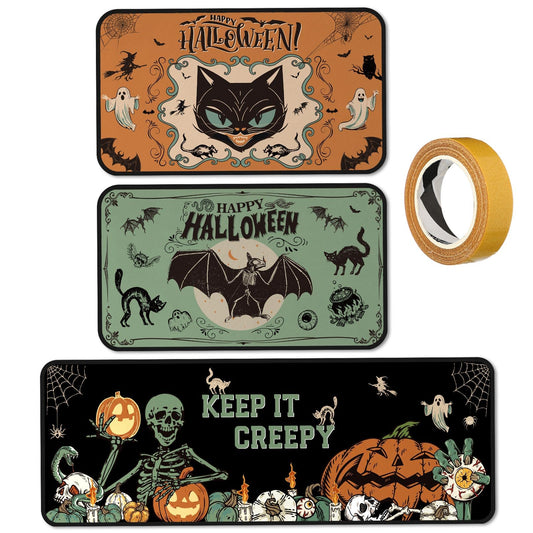 SATINIOR 3 Pcs Halloween Skeleton Kitchen Rug and Mat Set Gothic Kitchen Decor Anti-Fatigue Non Slip Black Bat Cat Floor Mats Washable Door Mat Spooky Ghost Halloween Decor for Carpets Home Indoor
