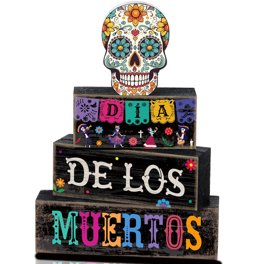 Lineshading 4 Pcs Day of The Dead Table Decorations Day of The Dead Centerpiece for Table Dia De Los Muertos Tiered Tray Decor Wood Sugar Skull Block Signs for Halloween Party Home Shelf Decoration