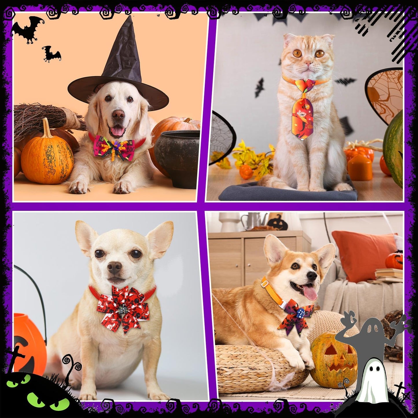Huhumy 100 Pcs Halloween Dog Bow Tie Collar Bulk Pet Bow Tie Adjustable Dog Bowties Neckties Collars for Small Medium Pet Supply(Halloween)