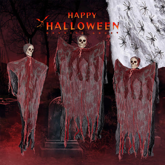 43" Halloween Hanging Ghost Decorations Outdoor with Spider Web&20 Spiders, Halloween Scary Flying Skeleton Ghost Decor for Haunted House Party Outside Indoor