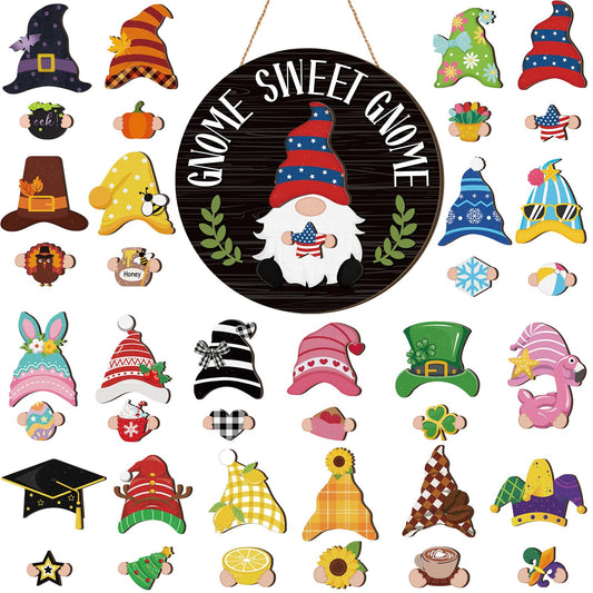 Wenqik 41 Pcs Interchangeable Gnome Signs Holiday Wooden Seasonal Gnome Decor 4th of July Independence Day Decor Detachable Magnet Hat and Hand Welcome Sign for Home Decoration(Classical,Black)