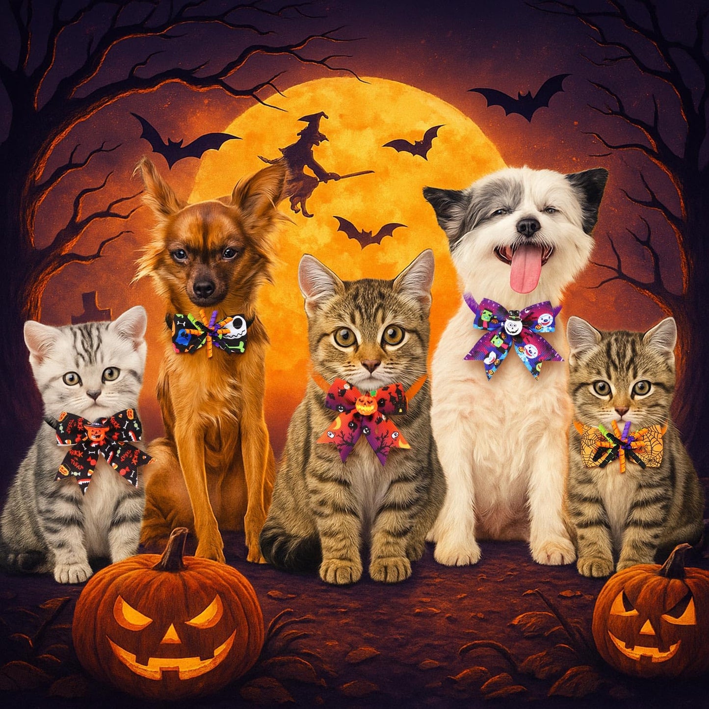 Huhumy 50 Pcs Halloween Dog Bow Ties Halloween Dog Collars Bulk Pet Collar Neckties Accessories for Small Medium Pet Cat Outfit Cosplay Party Supplies