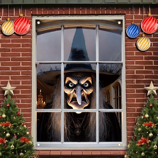 Starlit Patio Window Cover Halloween 47x31 Inch Scary Witch Face Banner Creepy Window Decoration for Haunted House Outdoor Indoor Horror Poster Trick or Treat Prop Decor