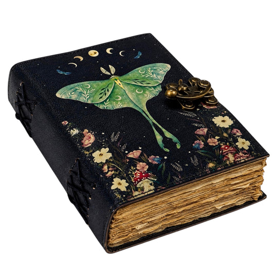 Hindoro Spell Book of Shadows Journal with Lock Clasp Vintage Handmade Leather Luna Moths and Morpho Butterfly Print Diary Prayer Pagan Witchcraft Supplies Wiccan Decor Notebook Daily (7X5 inch)