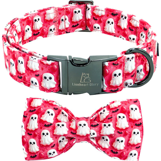 Lionheart glory Halloween Dog Collar with Bow Ghosts Fall Cute Dog Bow Collars Sturdy Soft Adjustable Collar for Small Dogs Girl or Boy Pet Bowtie Collars Party