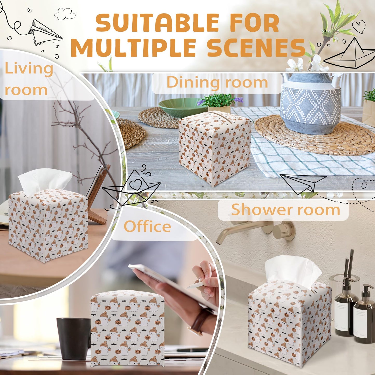 Halloween Tissue Box Holder, Cute Ghost Leather Tissue Box Cover Square, Halloween Facial Paper Organizer Dispenser Toilet Paper Holder for Bathroom Kitchen Office Home Decor-A07