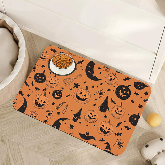 Halloween Dog Food Mat for Floors,Pumpkin Bat Absorbent Quick-Dry Pet Feeding Mat,Cat Dog Bowl Mats for Food and Water,Non-Slip Pet Accessories Supplies 16"x24"