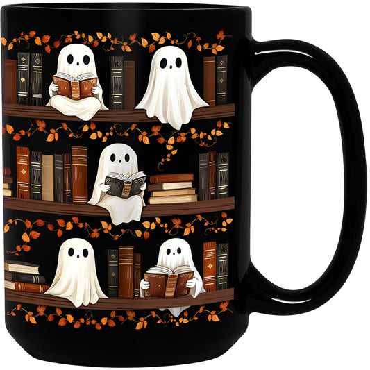 BORULEEY Halloween Cute Ghost Reading Coffee Mug, 15 oz Black Ceramic Tea Cup, Spooky Book Mug for Book Lovers & Readers, Novelty Fun Festive Bookish Gift for Women, Friends & Coworkers