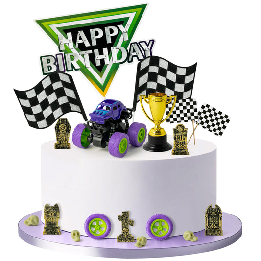 Haooryx Monster Truck Cake Topper - 40Pcs Green and Purple Monster Truck Cake Decoration Racing Car Dessert Cupcake Topper for Kid Boy Birthday Truck Theme Party Baby Shower Table Decoration Supply