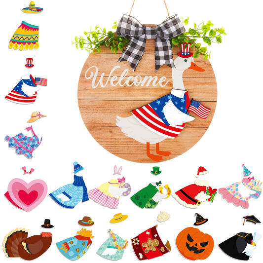 16 Pcs Patriotic Interchangeable Goose Welcome Sign for Front Door 4th of July 11.8'' Wood Porch Goose Decor 15 Set Changeable Geese Clothes Housewarming Gift Holiday Summer Wreath(Wood Color)