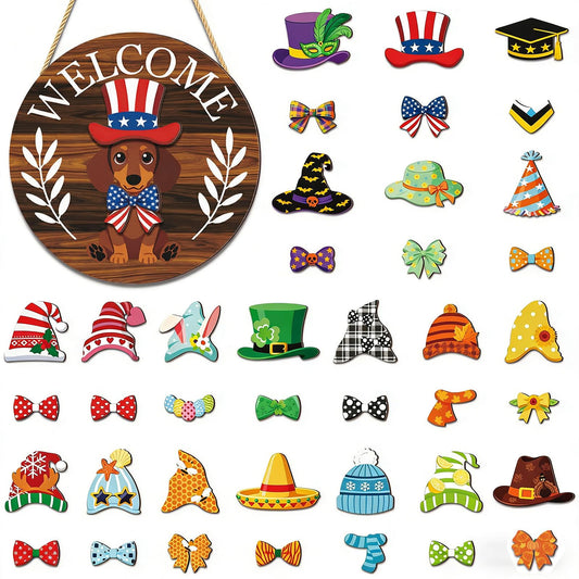 SYBOYEGE Animal-Shaped Round Interchangeable Welcome Sign, Interchangeable Door Sign with Magnetic Accessories & Detachable Hats and Clothes, Interchangeable Seasonal Decor for Easter, Valentines Day (Blue, MZ993A)