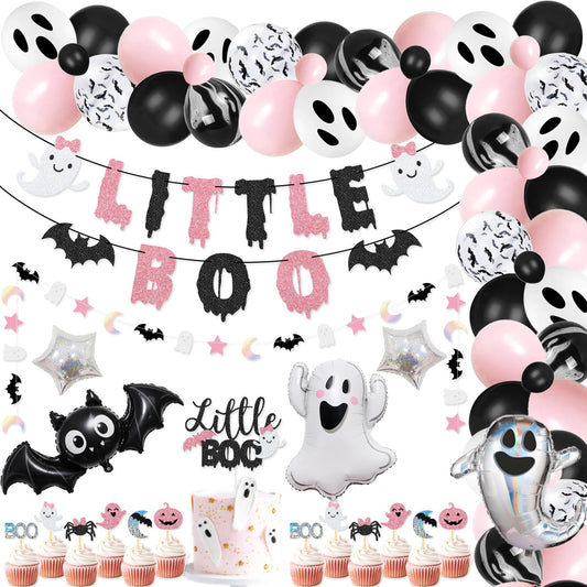 92 Pcs Little Boo Party kit Little Boo Banner Cake Topper Boo Skeleton Bat Mylar Balloons for Pink Black Girl Halloween Baby Shower the Spooky One Halloween 1st Birthday Party Decorations