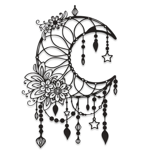 Xedatric Matte Black Moon Phase Wall Decor–Elegant Metal Moon Wall Art with Floral & Hanging Stars–Celestial Bedroom Decor for Indoor & Outdoor