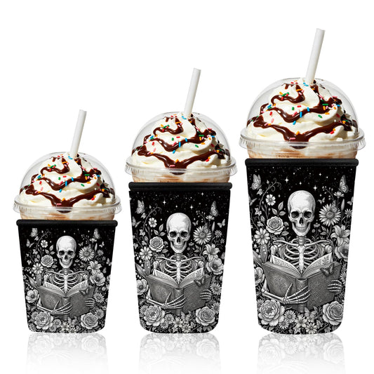 Skeleton Reading Iced Coffee Cup Sleeve 3 Pack, Gothic Floral Reusable Neoprene Holder, Book Lover Gifts for Men Women, Skull Theme Coffee Coolies Sleeves for Iced & Hot Drinks, Ideal Birthday Gift