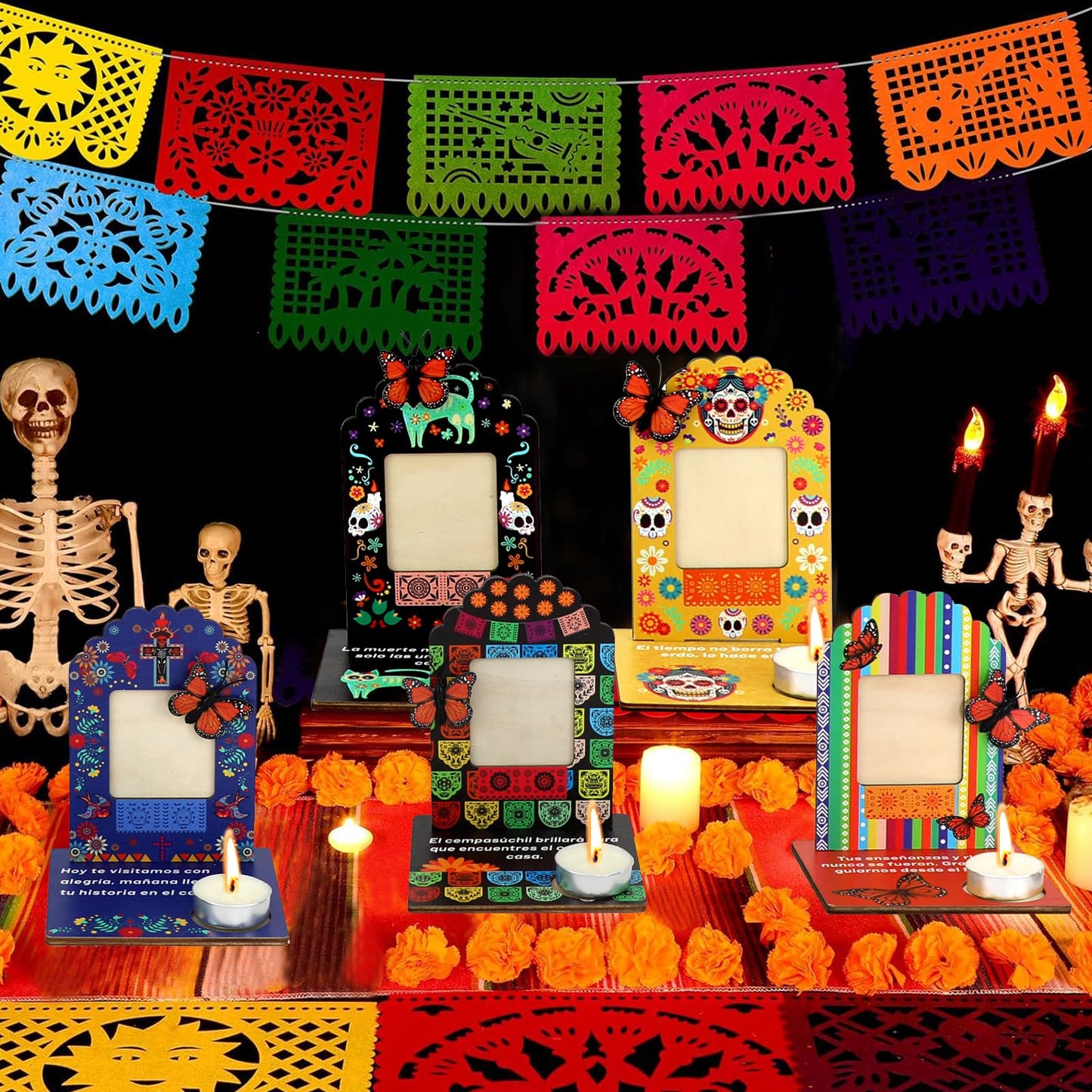 Dia De Los Muertos Decorations Picture Frames, Day of the Dead Altar with Candle, Marigold, Artificial Monarch Butterfly, Dia De Los Muertos Altar Kit Mini Sugar Skull Style Ofrenda Decorations