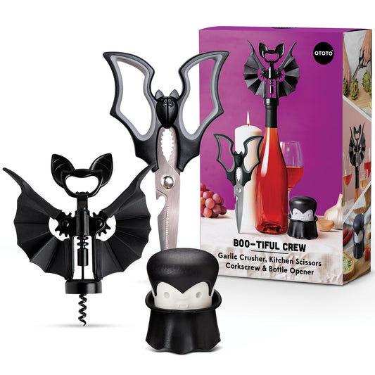 OTOTO Boo-tiful Crew Bundle of Elizabat, Vino, Gracula - Halloween Kitchen Decor Goth Accessories, Cool Kitchen Gadgets, Bat Scissors, Spooky, Witchy Bottle Opener, Garlic Crusher, Spooky Funny Gifts