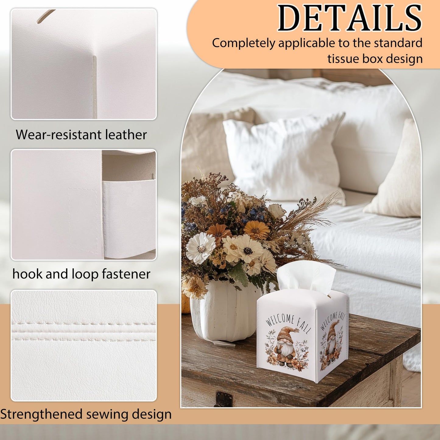 Welcome Fall Leather Tissue Box Cover, Gnome Floral Printed Tissue Box Cover, Aesthetic Decor Tabletop Living Room Vanity Office Farmhouse, Thanksgiving & Housewarming Gift for Women, Minimalist-B23