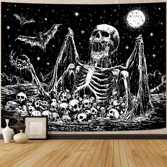 Gruaoihy Gothic Skeleton Tapestry, Horror Moon Skull Dark Death Bat Wall Art for Bedroom Grunge Room Decor, Black and White 44x60 inches