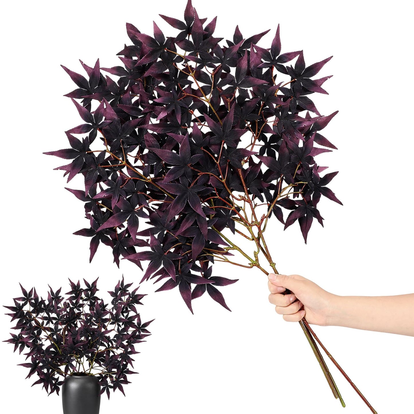 Janinka 29" Fall Artificial Japanese Maple Leaves Stem Fake Fall Maple Leaves Stem Autumn Faux Bushes for Vase Farmhouse Table Centerpiece Halloween Thanksgiving Decor 3 Pcs(Black Currant)