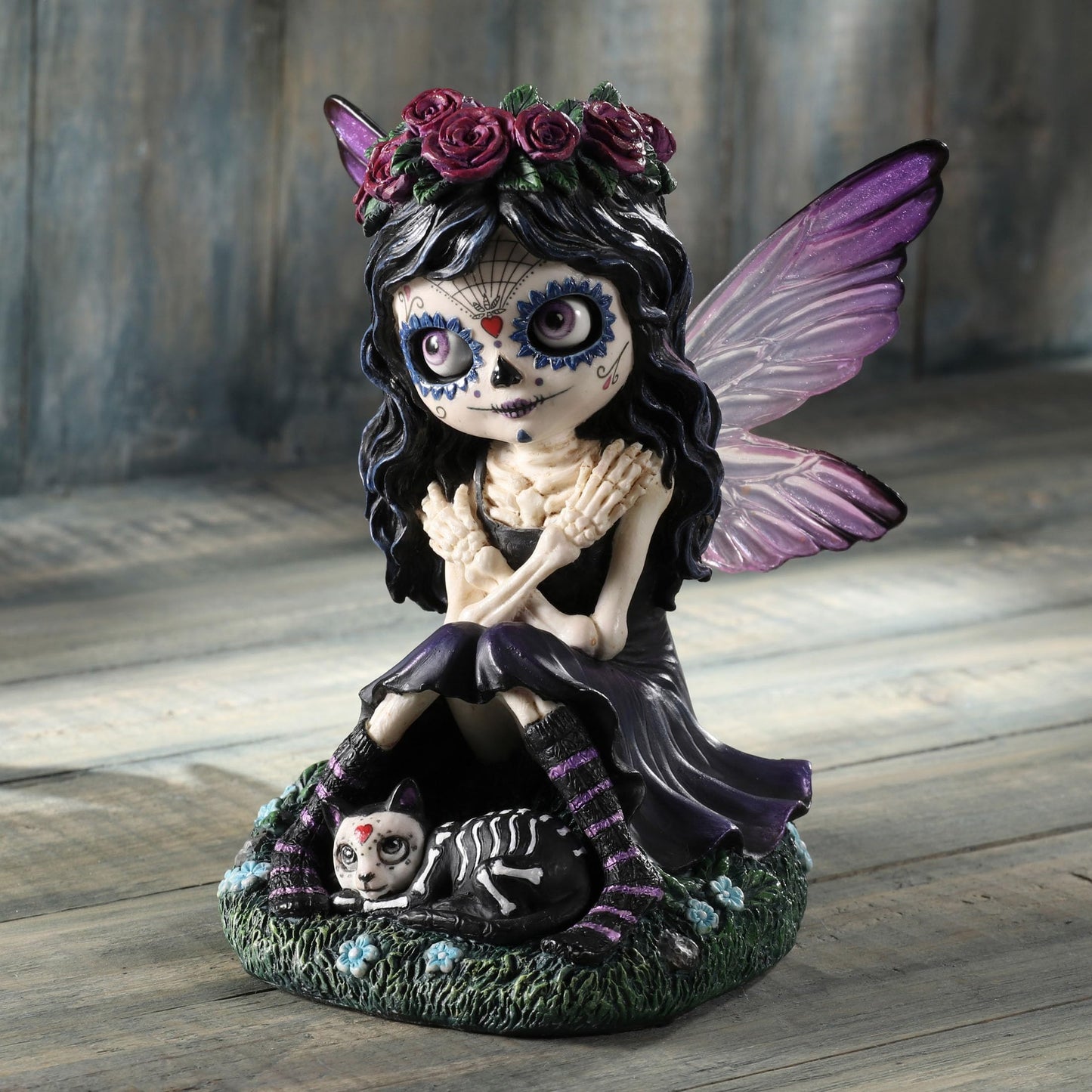 Veronese Design 4 3/4 Inch Day of The Dead Sugar Skull Butterfly Fairy Petting Cat Resin Hand Painted Figurine