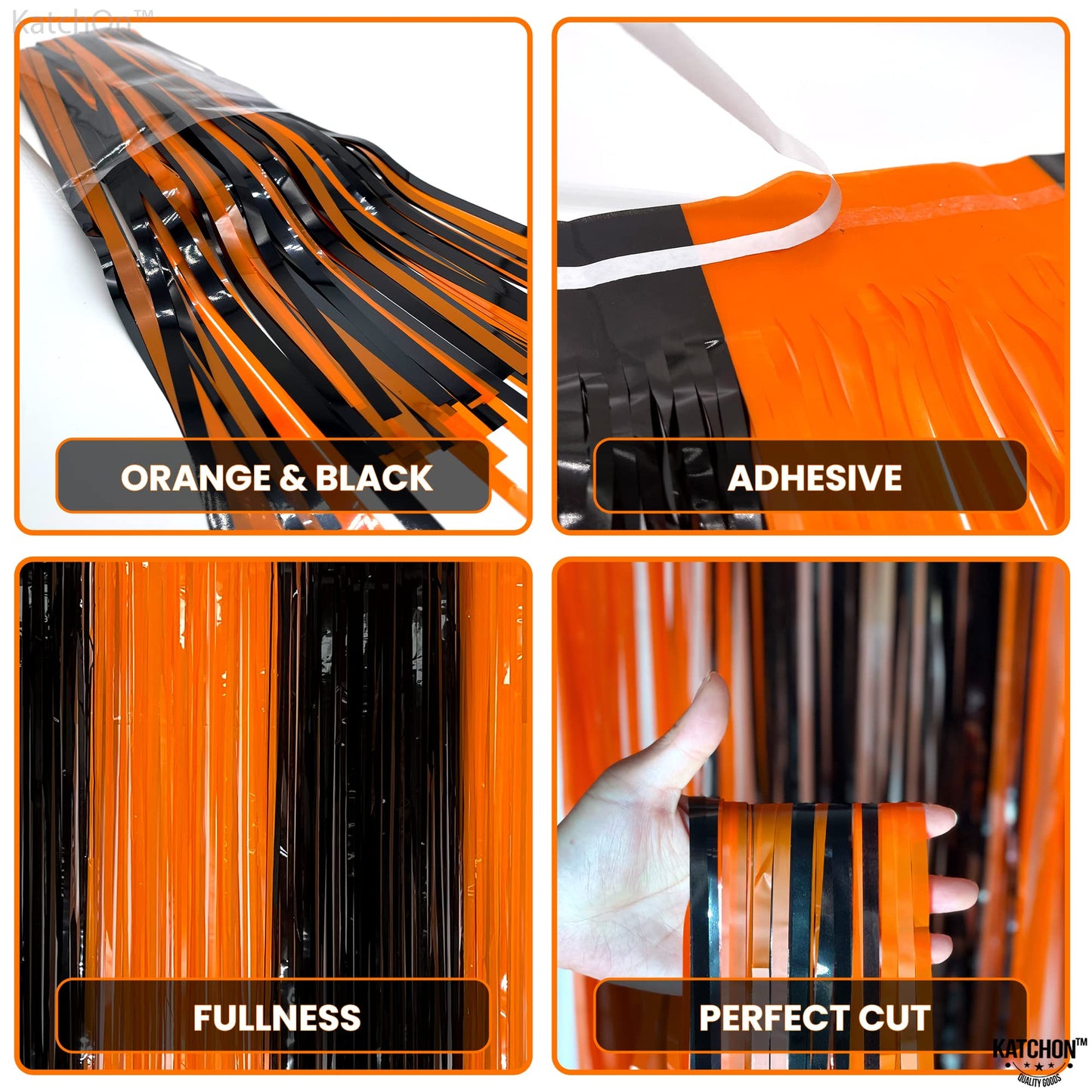 KatchOn, Black and Orange Foil Fringe Curtain - XtraLarge 3.2x8 Feet, Pack of 2 | Orange and Black Streamers, Halloween Decorations | Fringe Backdrop Curtain for Birthday, Summerween Party Decorations