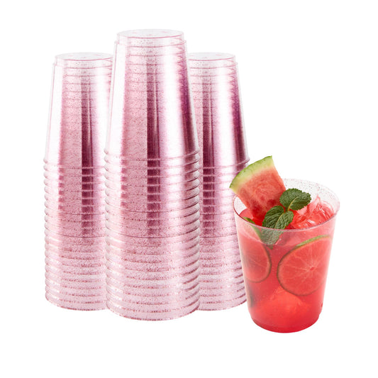 Restaurantware Glitter Cups 10 oz Pack of 20 Pink Glitter Plastic Cups Fancy Drink Tumblers Disposable, Durable Plastic Glasses Cold Food-Friendly Tumblers for Cocktails Punch at Parties