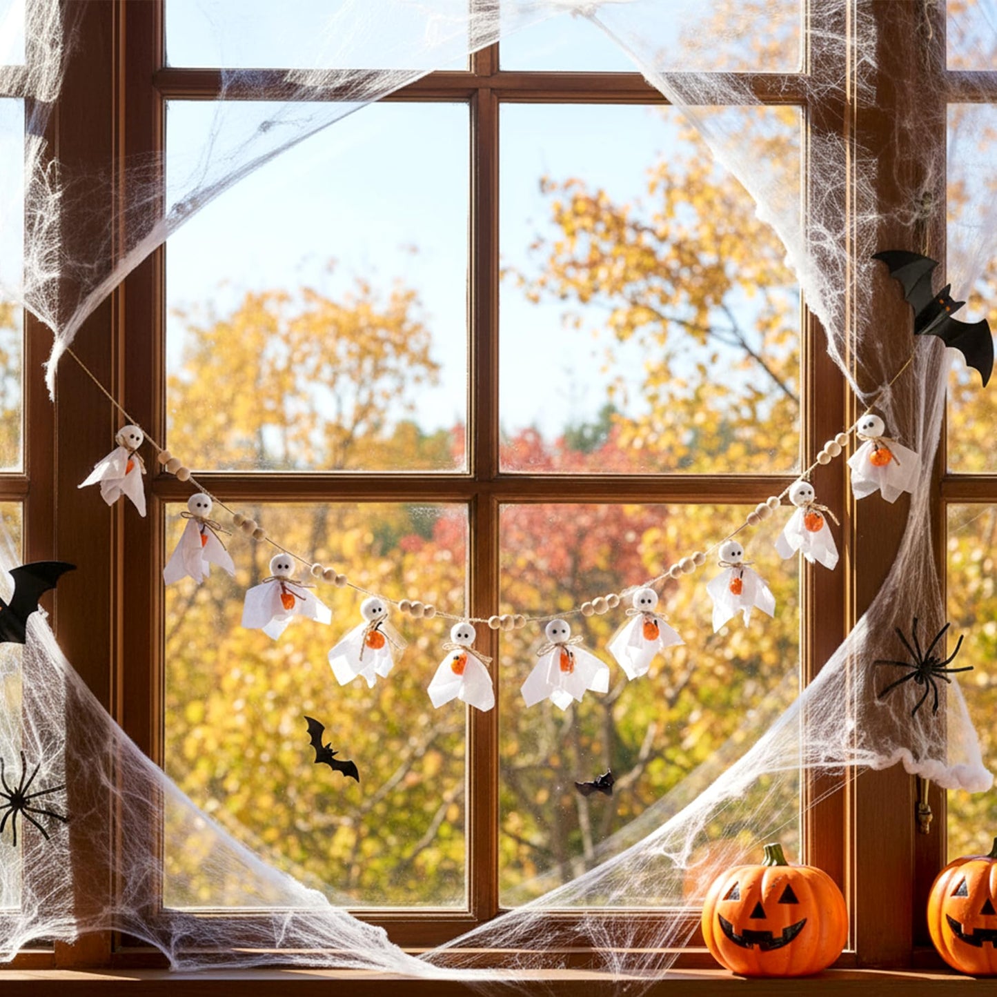 Cute Halloween Ghost with Wooden Beads Garlands, Handmade Rustic Halloween Banner for Wall Home Indoor Outdoor Spring Decor Supplies (Pumpkin)