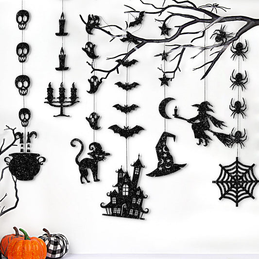 Glitter Black Halloween Hanging Banner Garland Decorations - Ghosts, Witches, Bats, Spiders, Haunted House, Cat and More - Indoor/Outdoor Party Supplies for Gothic Birthday, Home, Office, Classroom
