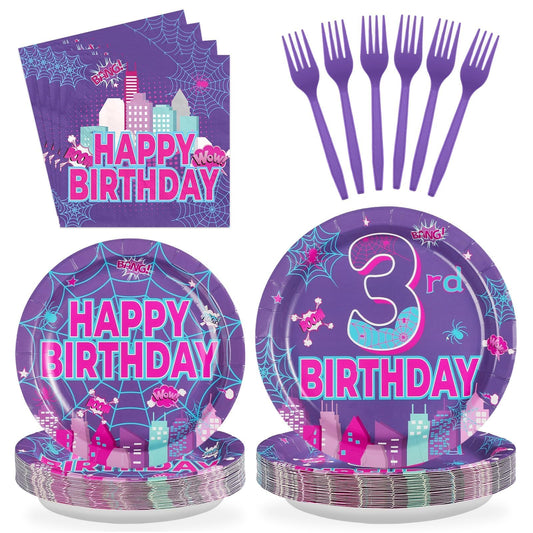Greencian Purple Spider 3rd Birthday Party Decorations Purple Spider Themed Plates and Napkins Cartoon 3rd Decorations for 3 Years Old Boys Girls Kids Birthday Party Supplies