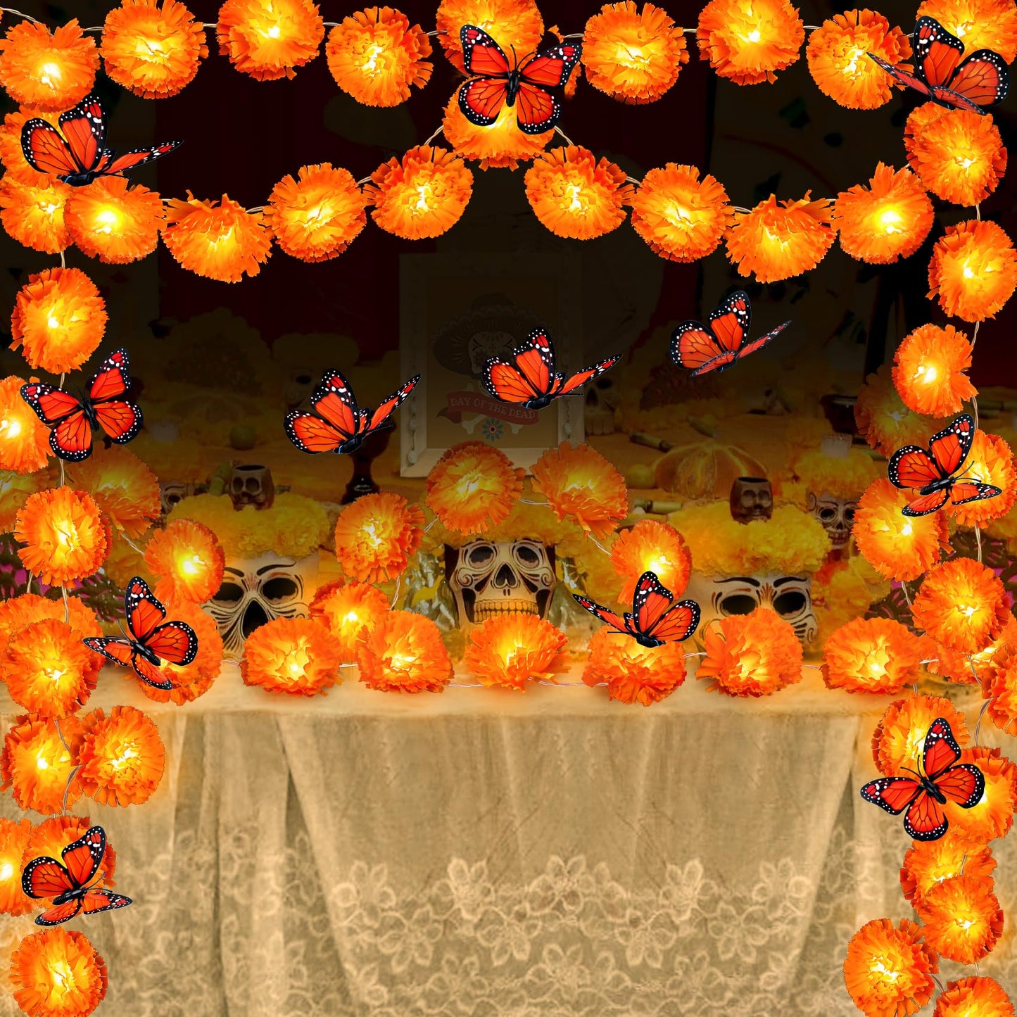 2 Pack Day of the Dead Decorations Total 13.1Ft Marigold Garland for Decoration, 40 Lighted Artificial Marigold Flowers 12 Butterfly for Dia de Los Muertos Indian Diwali Altar Halloween Home Decor
