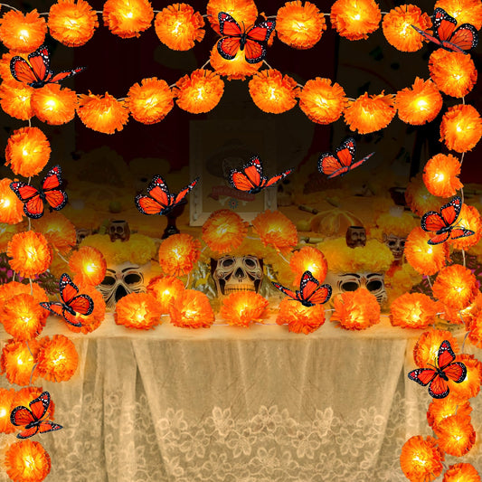2 Pack Day of the Dead Decorations Total 13.1Ft Marigold Garland for Decoration, 40 Lighted Artificial Marigold Flowers 12 Butterfly for Dia de Los Muertos Indian Diwali Altar Halloween Home Decor