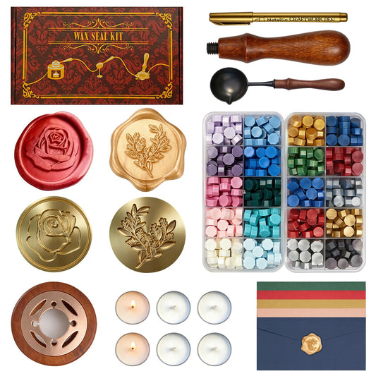SHOWPIN Wax Seal Kit for Beginners: 400 Wax Beads in 20 Colors, 2 Stamp Heads & Premium Envelopes in Gift Box for Holiday Gifting & DIY Letter Sealing