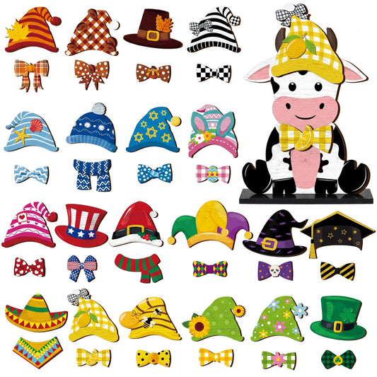 Anglechic 42 Pcs Summer Lemon Interchangeable Cow Figurine Farmhouse Holiday Cow Office Decor Wooden Seasonal Sign Desk Accessories Tier Tray Home Decoration Welcome Ornament Gifts