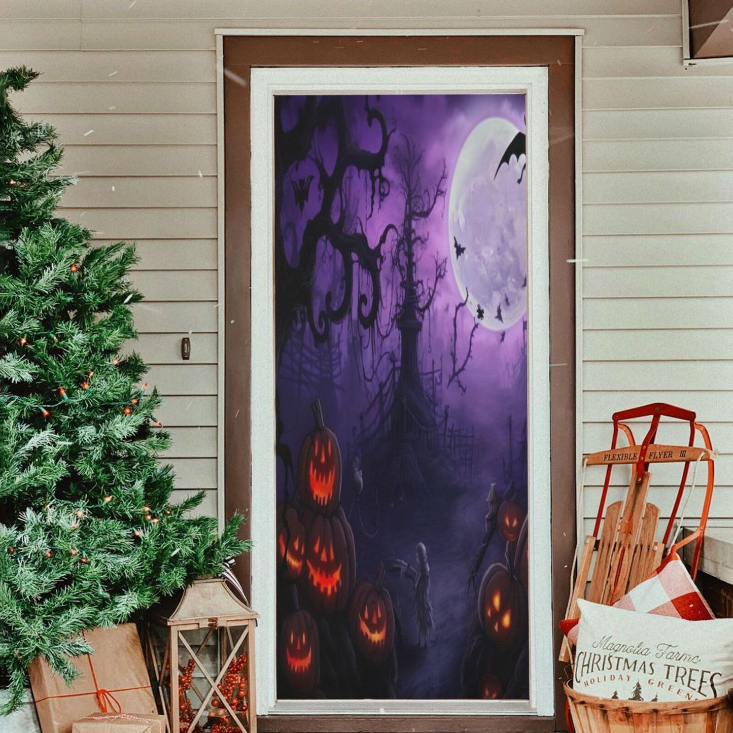 Wajiw Halloween Pumpkin Door Cover Washable High Elastic Fabric Front Door Cover for Festive Party Home Decor,32x79Inch