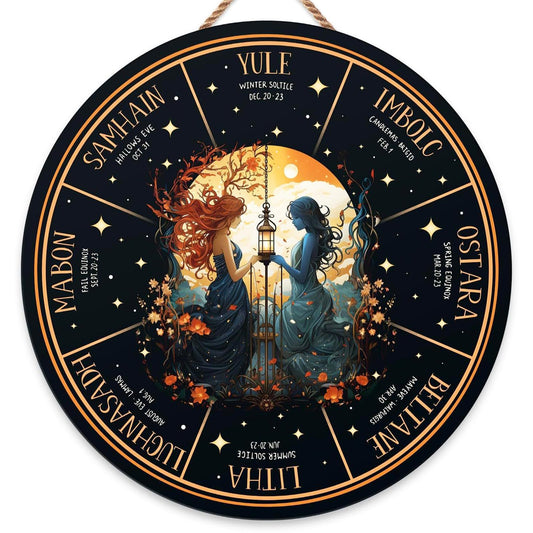 RIVEENY Wheel Of The Year Wall Hanging，12"Witchcraft Knowledge Sign Moon Decor Halloween Witch Decor Kitchen Witchery Sign Wizards Sign Celestial Decor Moon Phases Meanings Plaque (GJ036)