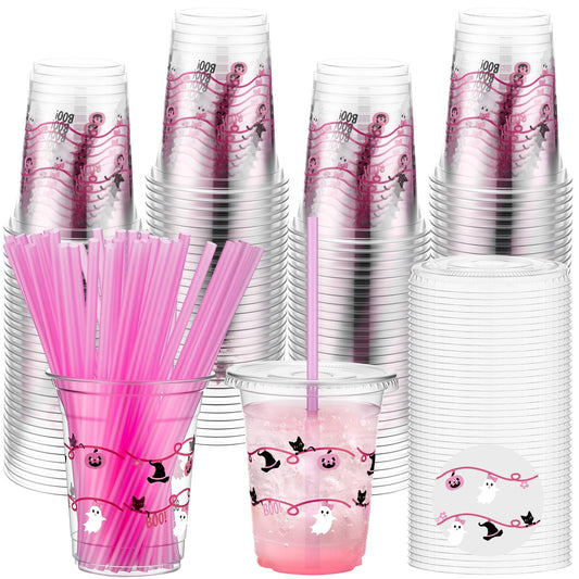 LemonRoad 50 Pcs 12oz Halloween Plastic Cups with Straws and Lids, Disposable Clear Party Cups Pumpkin Ghost Witch Drinking Set for Halloween Birthday Party Favors Supplies (Pink,Novel Style)