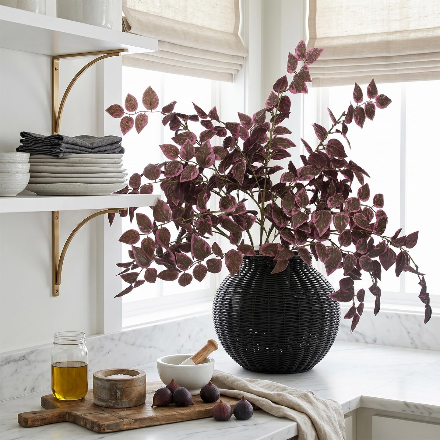 Daynight 35″ Fall Artificial Eucalyptus Stems, 6Pcs Silk Faux Foliage Branches, Autumn Greenery Stems for Thanksgiving Halloween Farmhouse Table Centerpiece DIY Decor (6, Burgundy)